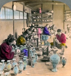 Decorating Awata porcelain ware in the famous Kinkosan works, Kyoto, Japan