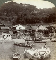 Fishing village of Obatake on the Inland Sea, looking north to the terraced rice fields, Japan, 1904