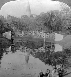 Fortress gardens and the Shwedagon Pagoda, Rangoon, Burma, c. 1900.