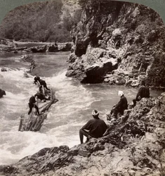 Men on a Log Raft, Shooting the Hozu Rapids on the Katsura River, Kyoto, Japan, 1904