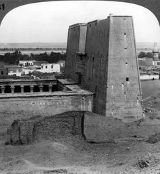 The pylon and court of the temple of Horus at Edfu, Egypt