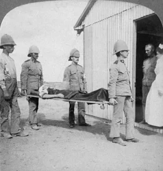 Wounded fusilier after the Boers brave stand near Orange River, South Africa, Boer War