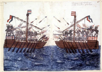 16th Century Engraving Depicting the Encounter with a Pirate Ship in the Indian Ocean. Rome Biblioteca Casantense