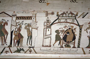 The appearance of the comet; A messenger warns King Harold II (1022 - 1066) - Bayeux tapestry, known as Embroidery of Queen Mathilde