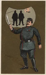 A French policeman in uniform with his truncheon. Anonymous chromolithography, late 19th century.