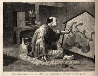 A Japanese artist painting a yema (legendary horse painting). Engraving to illustrate the voyage to Japan, in 1863-1864, by Aime Humbert, minister of the Swiss Confederation, in 