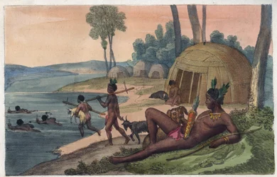 A Korah Hottentot Village on the Left Bank of the Orange River - engraving from “Usi e Costumi di Tutti i Popoli dell