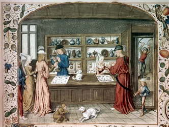 A Miniature jewelry shop from Le lapidaire de Jean de Mandeville (1300-1372)