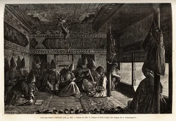 A Tatar school in Schusha (Transcaucasia, Russia), instruction is given to boys by the mullah, and consists exclusively of reading and writing, as well as commentary on the verses of the Qur