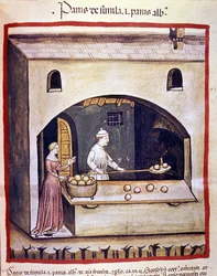 A baker prepares white bread and semolina bread. Illumination from the milking of medicine and dietetics 
