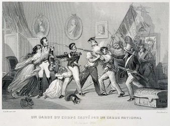 A bodyguard is saved by a National Guardsman (29 July 1830) - in “Fastes des Gardes nationales de France”