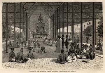 An ordination ceremony of Buddhist monks in a temple near Angkor, Cambodia. Engraving illustrating the voyage of exploration in Indochina by Francis Garnier, naval lieutenant, in 1866-1868, published in “Le Tour du monde” in 1870-1871, edited by