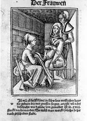 A childbirth. Xylography of Konrad Merkel after “Der swangern frawen und hebammen Rosengarten”, Hagenau