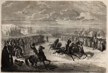 A contest of wrestling with bare hands and a horse race among the Turcomans, organized during the big public celebrations, the distance of the race is one kilometer, between three or four competitors, the winner receives a piece of cotton cloth