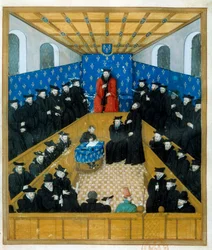 A court of justice in the 15th century. Miniature. Paris, B N