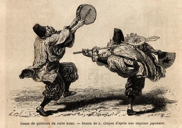 A dance of the confery of the Kami cult, with recitation of litanies and unexpected choreographic figures. Engraving to illustrate the journey to Japan, by Aime Humbert, minister of the Swiss Confederation, in 1863-1864, published in 
