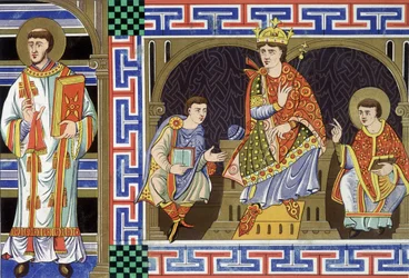 A deacon, a noble figure, a king and a bishop illustrating the people of the tenth century; Illustration of the nineteenth century draws from “France in the tenth century”