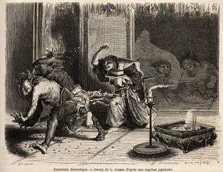 A domestic exorcism, ceremony of the oni arahi, the head of the house dressed in his finest clothes, sword on the belt, walks at midnight the pieces of his house and throws roasted beans to drive out demons and attract the god of wealth and his companion