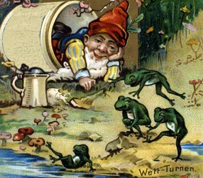 A dwarf or farfadet playing with frogs