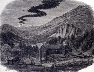A fantastic hunt or Mesnie in the Vosges, a nocturnal tempest that according to popular legends manifests itself after a curse or a sabbath of witches. Engraving of the 19th century