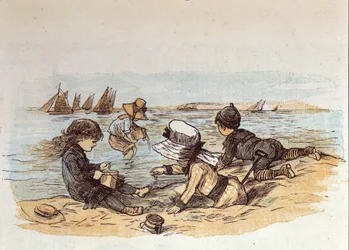 A group of children playing by the water on the sand. 1881