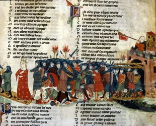 A king is taken prisoner and taken away by the enemy army while the victims of the battle lie on the ground. Miniature of the 