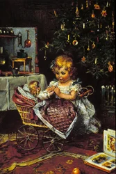 A little girl discovers the doll and the pram under the Christmas tree. 19th century