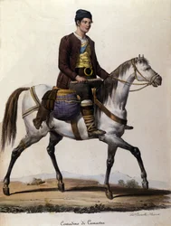 A peasant on horseback, in the vicinity of Camastra in Sicily. Engraving of the 19th century