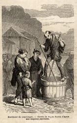 A Shell Merchant in the Middle of the Street Rises in Balance on the Barrel Containing His Goods, Which He Tows with Two Long Chopsticks. Engraving to Illustrate the Voyage to Japan, in 1863-1864, by Aime Humbert, Minister of the Swiss Confederation, in Le