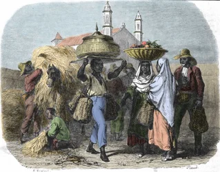 A traveling bread seller in Cuba, engraving of 1870