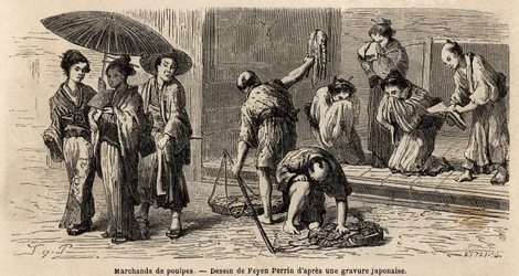 A traveling octopus dealer offers his products to passers-by, on Edo Street (or Yedo Street, now Tokyo). Engraving to illustrate the voyage to Japan, in 1863-1864, by Aime Humbert, minister of the Swiss Confederation, in Le tour du monde, nouveau journal
