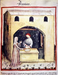A Young Woman Buys Eggs from a Trader. Illumination from the Tacuinum Sanitatis