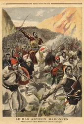 Abyssinian ras Ras Makonnen (Mekonnen Welde Mikael) (Abba Qagnew) (1852-1906), warlord and right arm of Emperor Menelik II (1844-1913), with his troops, winner of Amba Alaghi, of the Italian army commanded by Major Toselli