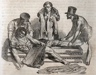 Accident medicine - on the most effective relief to be given to the drowned people - to undress as quickly as possible, you must tear the wet effects - engraving in La Sante Universelle - Guide Medical des Familles 1852