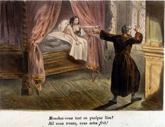 Adultery: a surprised monk trying to hide and a naked woman in bed. Lithograph, undated, early 19th century.