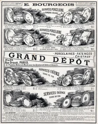 Advertising of 1889 for La Ceramic Moderne by Le Grand Depot De Porcelaines, Faiences Et Verreries Bourgeois in Paris
