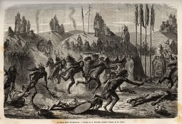After the ceremony of self-giving to the Great Spirit, the young warriors embrace a frenetic and outflow dance, the weakest are trailing on the ground, among the Mandans Indians (or noumah ka kie: pheasants), on the left bank of Missouri. Engraving to illu