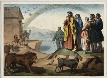 After the flood, the animals descend from the ark. On the right: Noah, his wife, his three sons (Shem, Sham and Japhet) and their wives. At the bottom, the rainbow (symbol of the order of creation concluded between Noah and God). Anonymous engraving from t