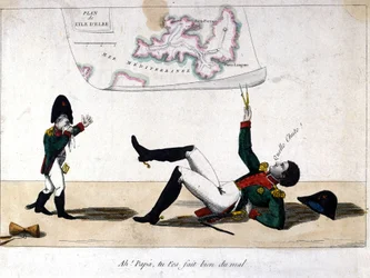 Ah, Dad, you hurt yourself. Cartoon on the exile of Napoleon Bonaparte on the island of Elba