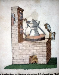 Alchemy: Apparatus for Distillation, Taken from a Book by Pietro Andrea Mattioli (Matthiole) (1500-1577). Frankfurt