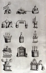 Alchemy: board representing different models of distillation apparatus and stills. Athanase Kircher, German Jesuit. 17th century engraving