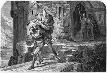 Alexander, king and bastard of Bourbon was sewn into a bag and cast into the Dawn to replace it with the dolphin, the future Louis XI. Engraving of the 19th century