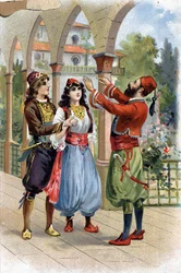 Ali Baba. (Ali-Baba) (Tales of the Thousand and One Nights): To reward Morgiane, Ali Baba gives her in marriage to his son. Chromolithography of the 19th century
