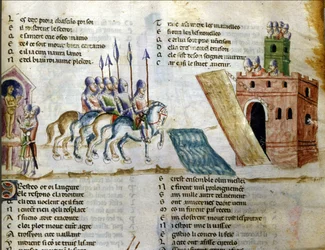 An army is approaching a castle. Miniature of the 