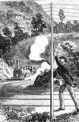 An engraving depicting a train worker sending an emergency signal on a railway telegraph