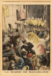 Anarchist attack in Barcelona, bomb explosion in the procession leaving the church of Santa Maria, street nuevos cambios