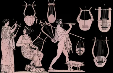 Ancient Greek musical instrument: Lyre and Cithara (cithare) (kithara) - engraving from "Usi e Costumi di Tutti i Popoli dell