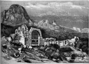 Ancient Architecture: Ruins of the Roman Temple of Zaghouan (Tunisia). Engraving by Riugel in 