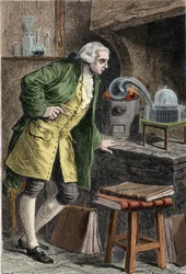 Antoine Laurent Lavoisier investigating the existence of oxygen in the air: experiment in which he obtained mercuric oxide. Engraving of the 19th century