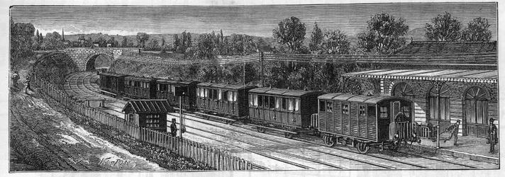 Application of Faure batteries: Electric train on a railway voice in a station. In Le Monde Illustre